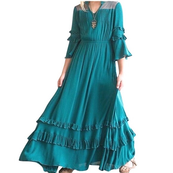 Mia Joy Joyfolie Mariana Teal Green Ruffled Sheer Yoke Maxi Dress Girl's 10 - Picture 1 of 12